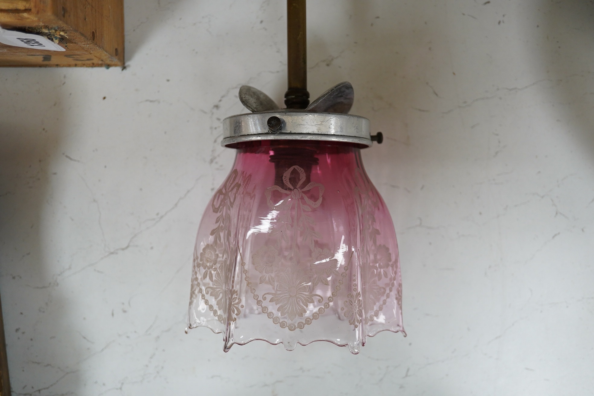 An original English gas pendant converted to electricity with acid etched pink glass shade, circa 1880’s-1890’s, wired, overall 54cm high. Condition - good